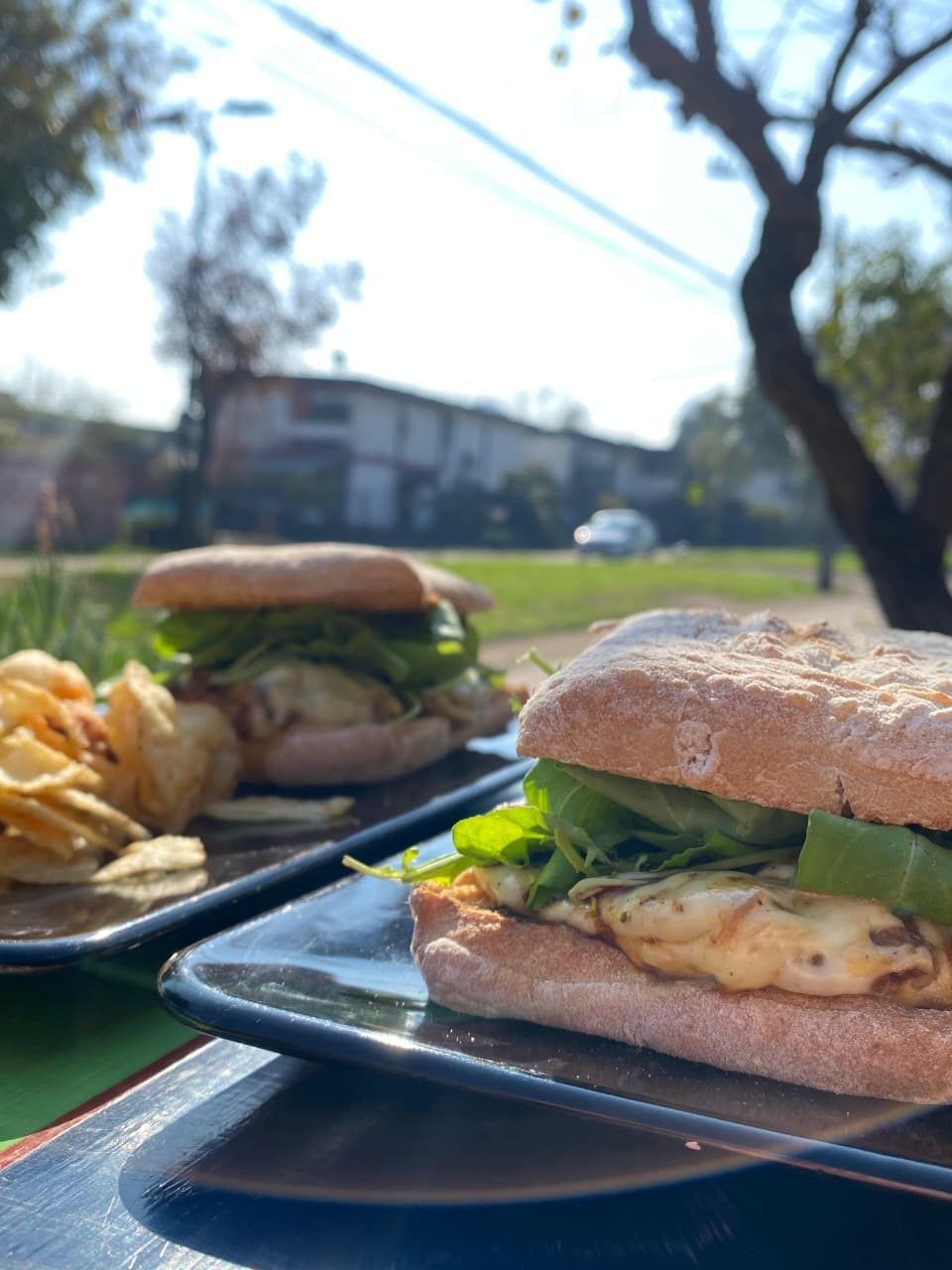 Mil hojas y limonada en el mesón, y al fondo gente de picnic en el pasto